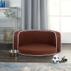 30" Brown Round Pet Sofa, Dog sofa, Dog bed, Cat Bed, Cat Sofa, with Wooden Structure and Linen Goods White Roller Lines on the Edges Curved Appearanc